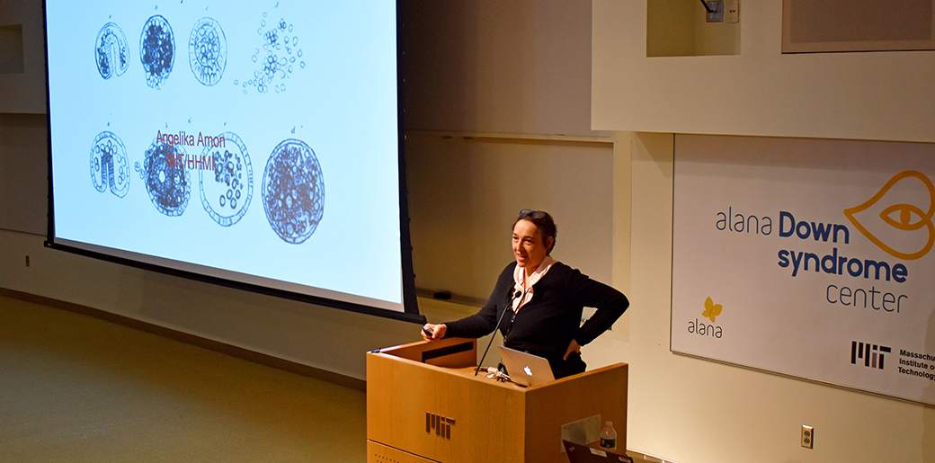 Angelika Amon speaks at a podium